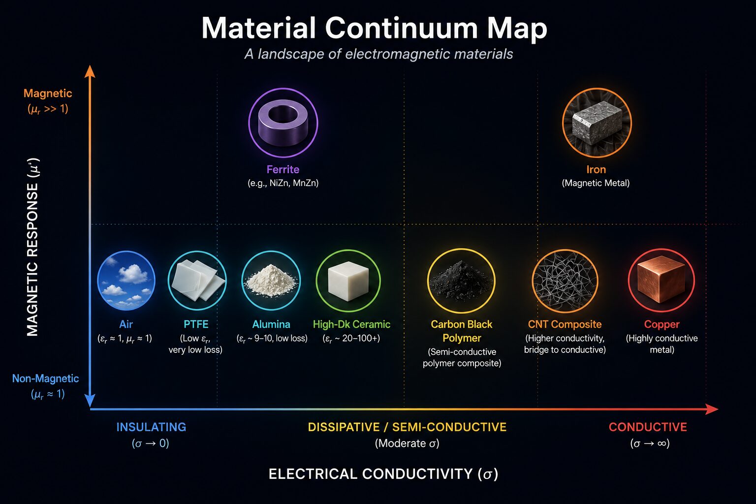 Material continuum map with a horizontal axis running from insulating through dissipative to conductive and a vertical axis running from non-magnetic to magnetic, with examples including air, PTFE, alumina, high-Dk ceramics, CNT composite, carbon black polymer, ferrite, iron, and copper placed at their approximate positions
