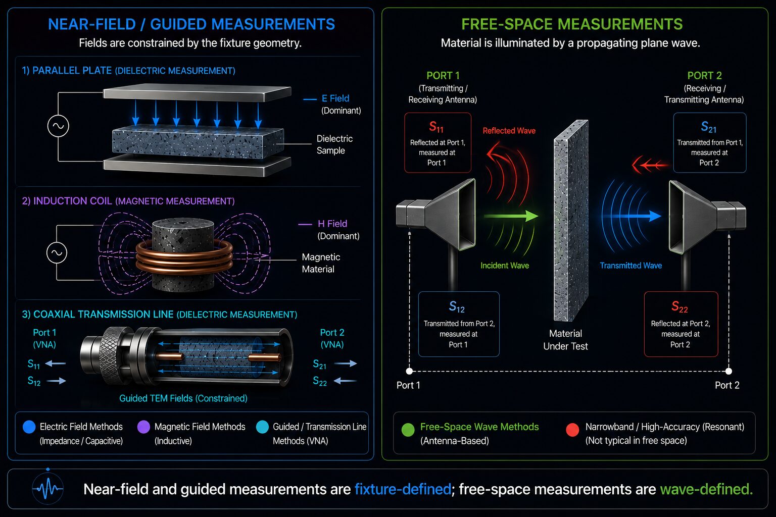 Two-panel illustration contrasting near-field fixture measurements on the left (parallel plates, induction coil, coaxial line with constrained field lines) against a free-space measurement on the right (horn antenna illuminating a flat material slab with a plane wave)