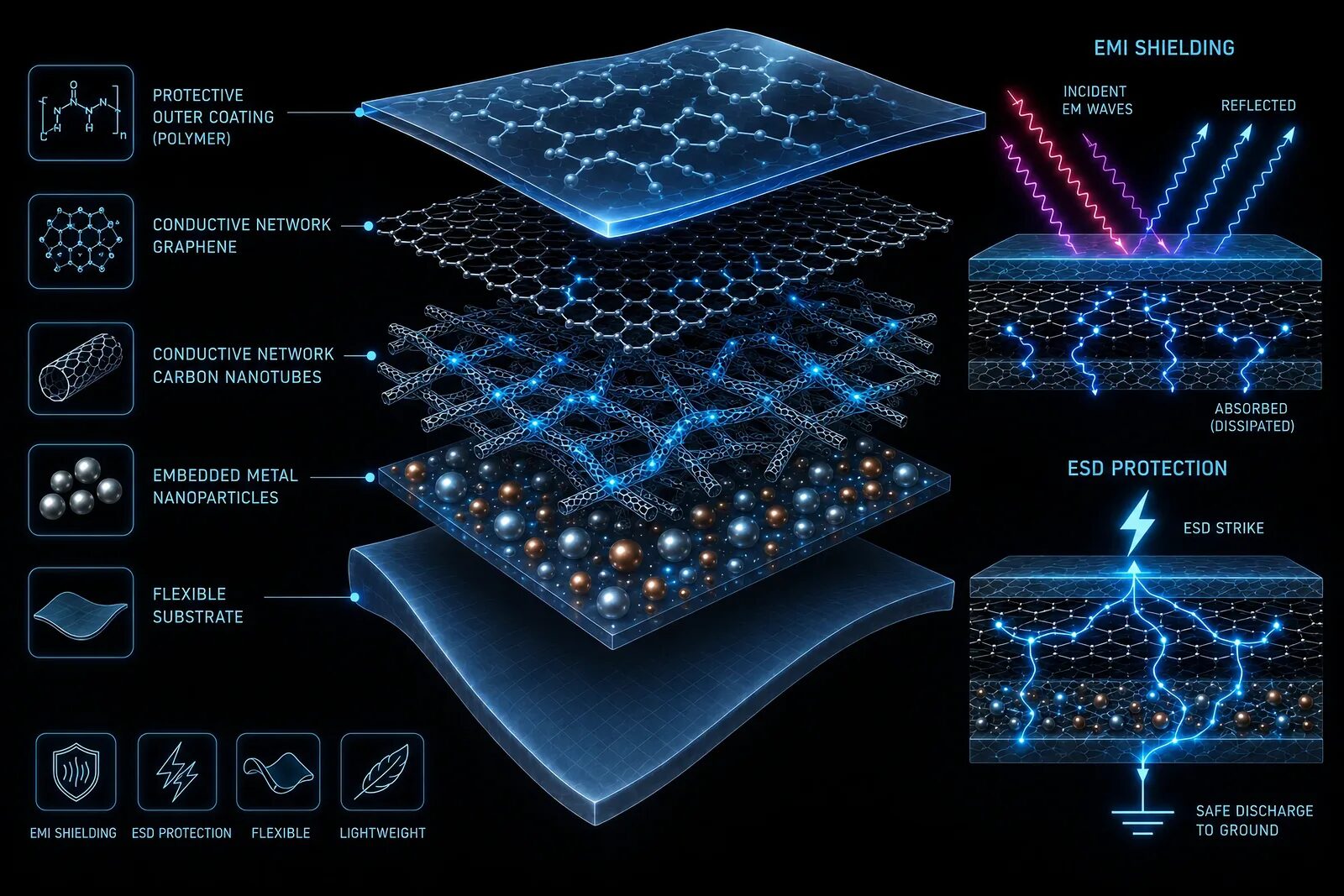 Layered nanocomposite showing conductive nanomaterials for EMI shielding and ESD protection