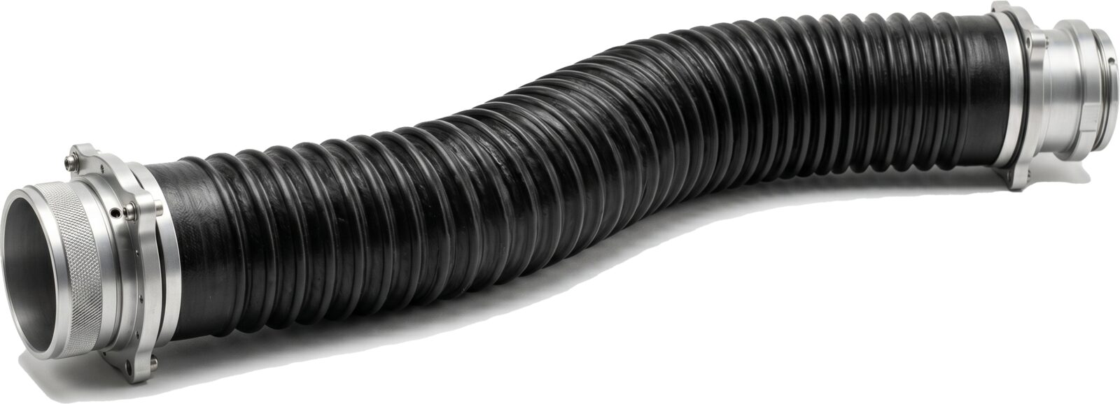 Flexible black TPU ESD duct component on a white background